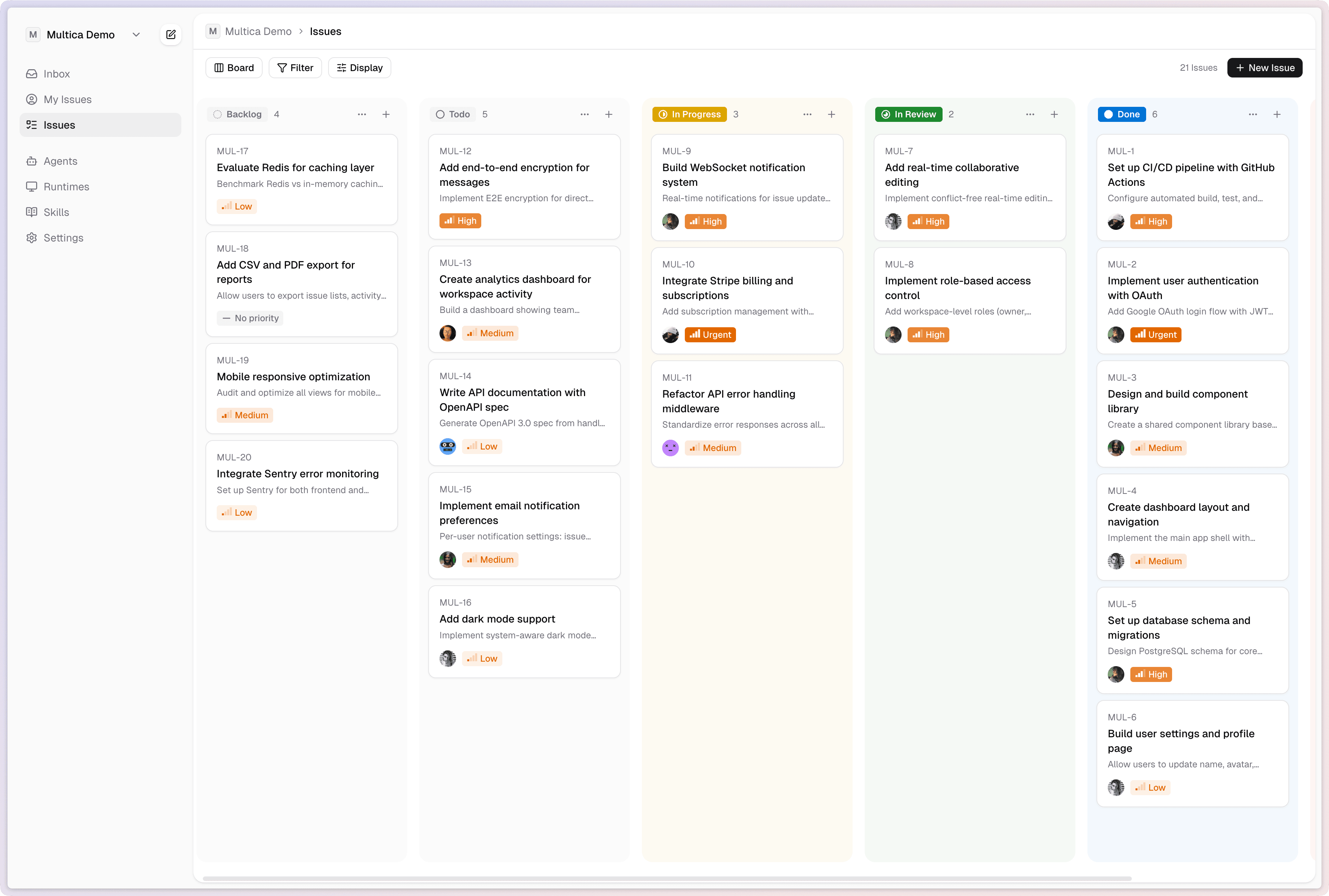 Sharkly board view — issues managed by humans and agents